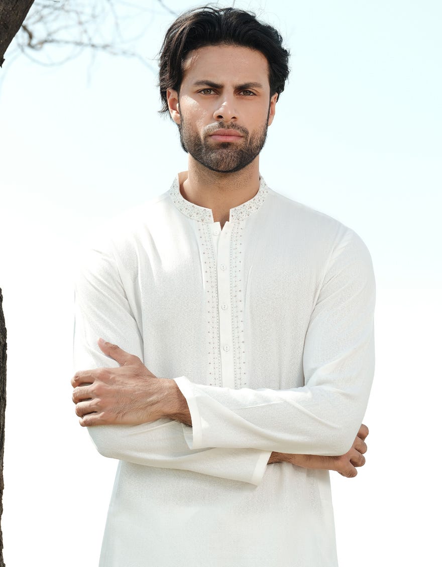 Off White Blended Embroidered Kameez Shalwar