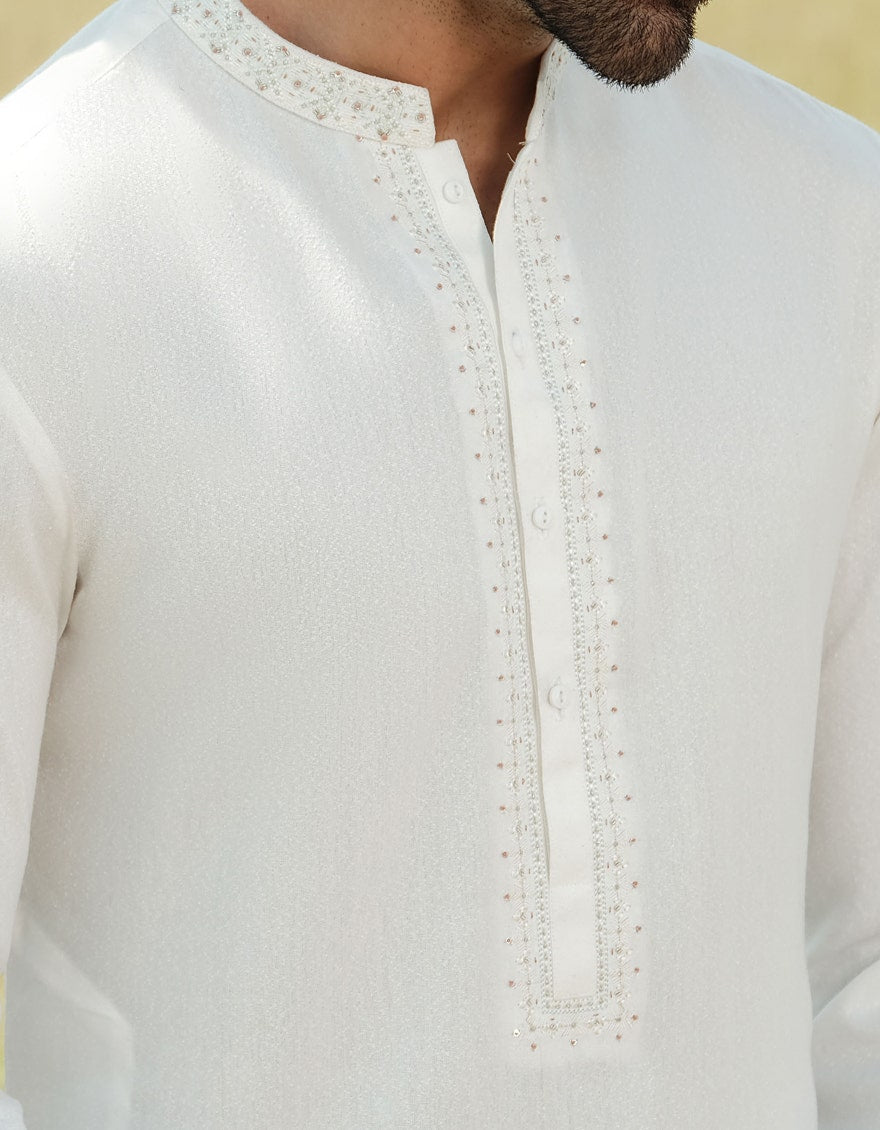 Off White Blended Embroidered Kameez Shalwar