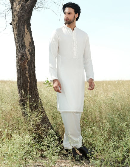 Off White Blended Embroidered Kameez Shalwar