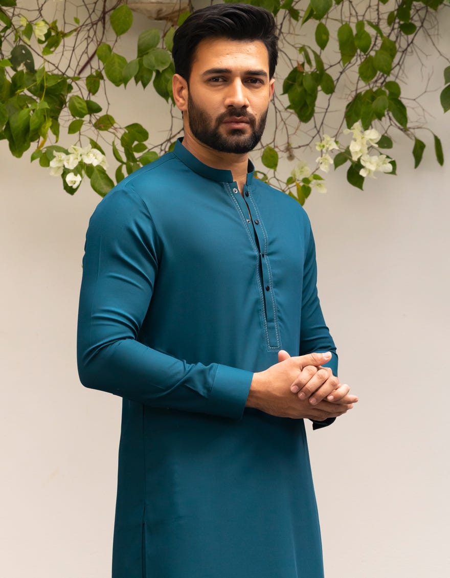 Green Embroidered Blended Kameez Shalwar