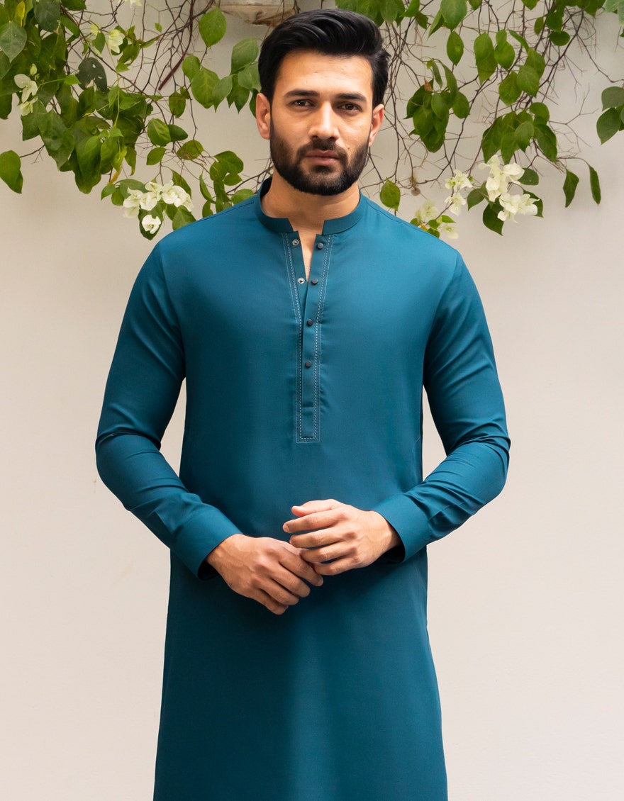 Green Embroidered Blended Kameez Shalwar