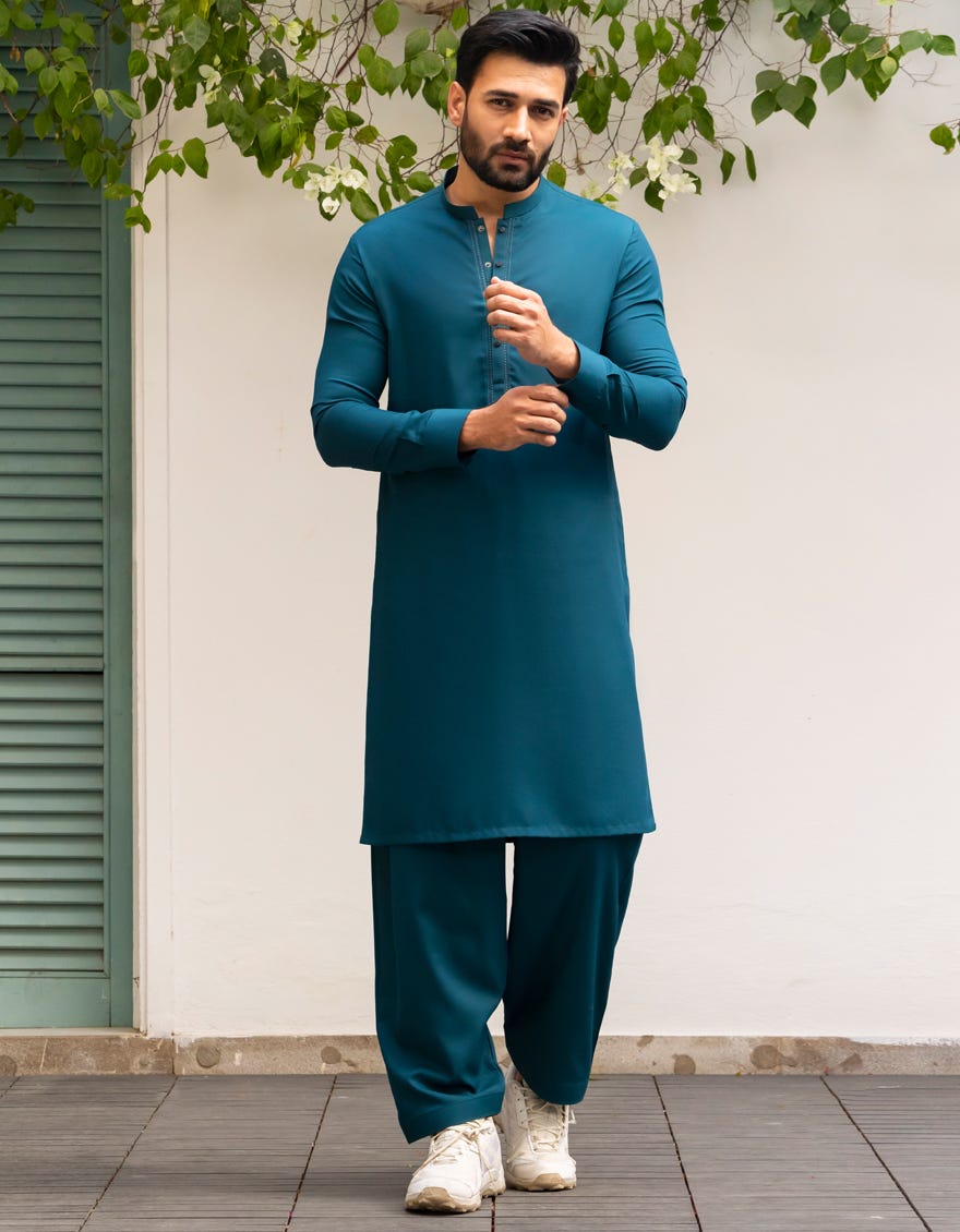 Green Embroidered Blended Kameez Shalwar