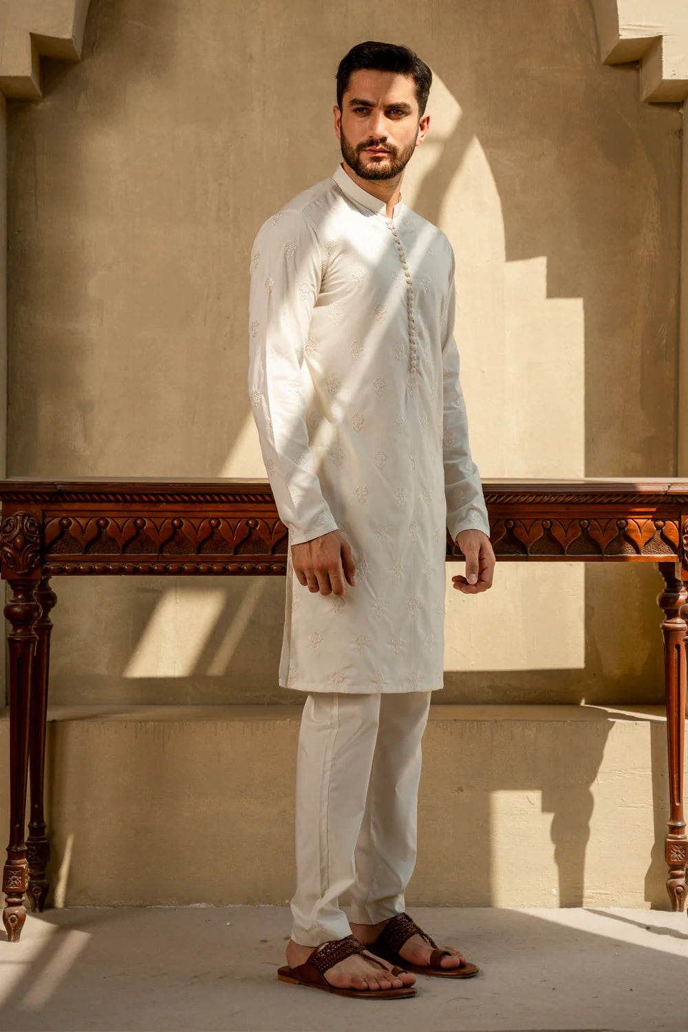 Cream Embroidered Kurta Pyjama