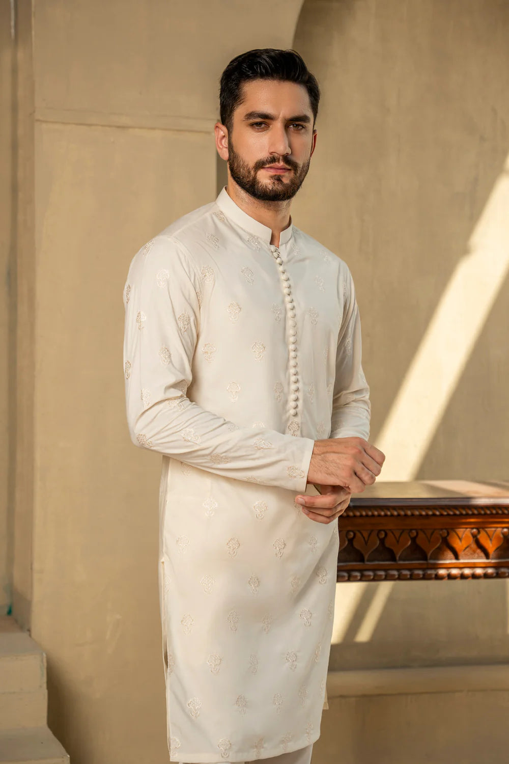 Cream Embroidered Kurta Pyjama