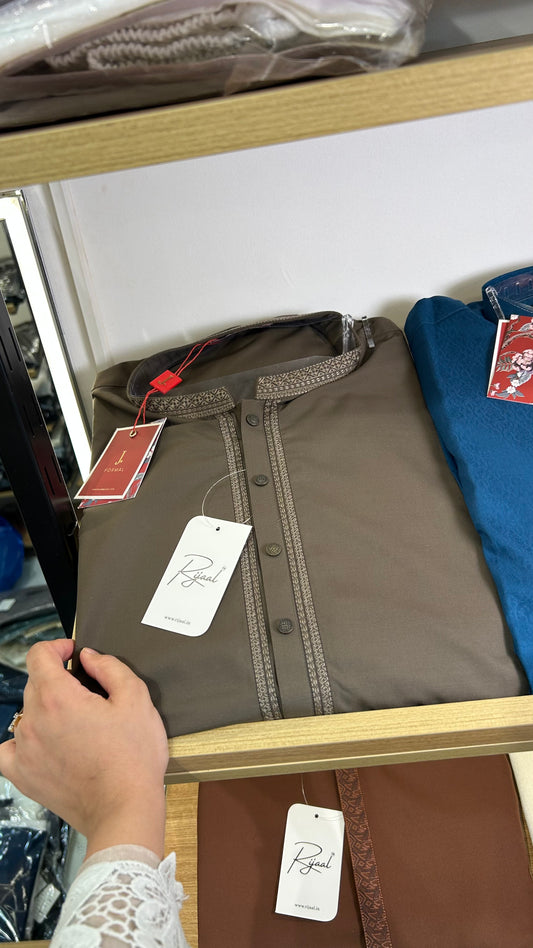 Brown Embroidered Blended Kurta Pyjama
