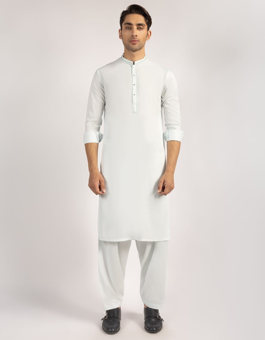 Powder Green Premium Embroidered Kameez Shalwar (Eid Special)