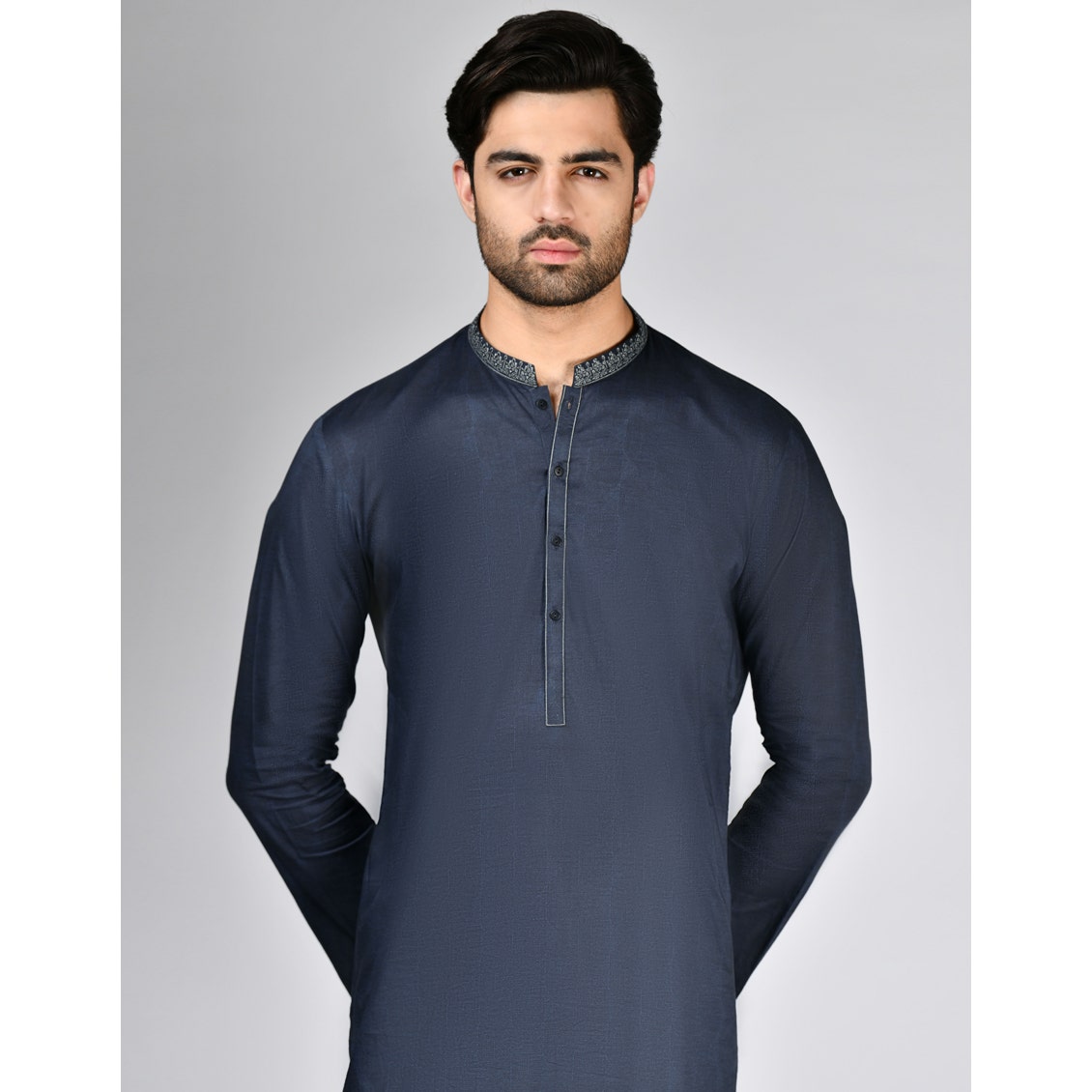 Navy Blue Embroidered Cotton Kurta