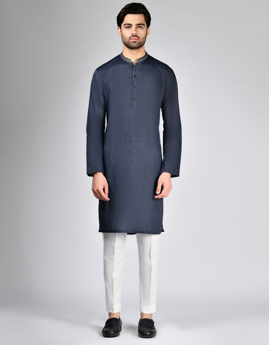 Navy Blue Embroidered Cotton Kurta