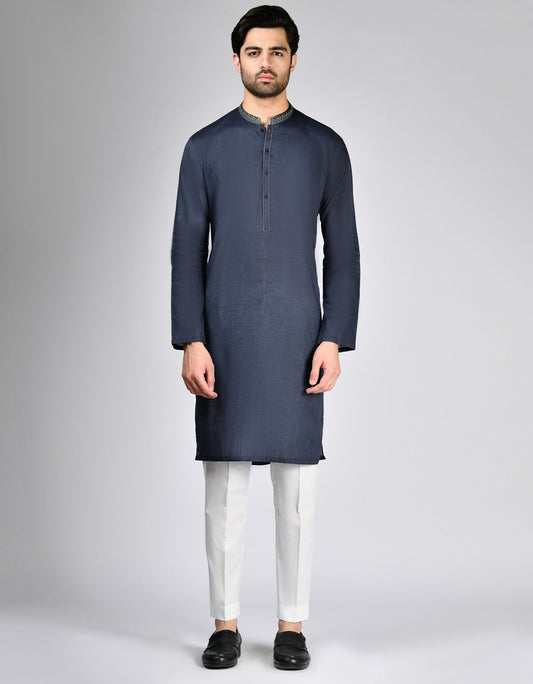 Navy Blue Embroidered Cotton Kurta Trouser