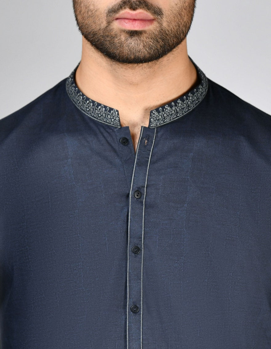 Navy Blue Embroidered Cotton Kurta