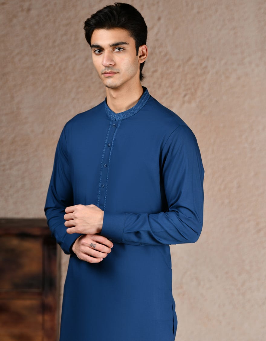 Teal Embroidered Blended Kameez Shalwar