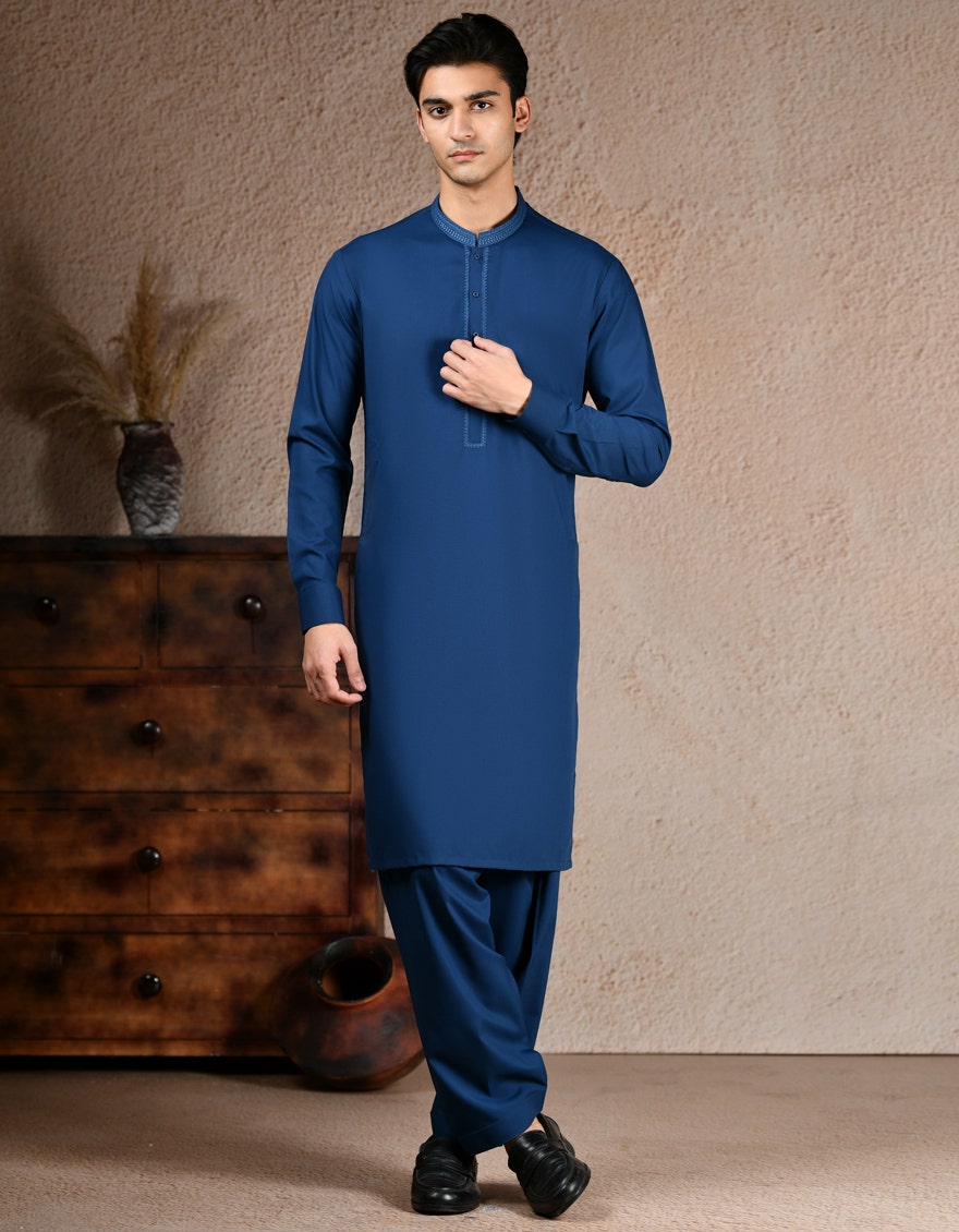 Teal Embroidered Blended Kameez Shalwar