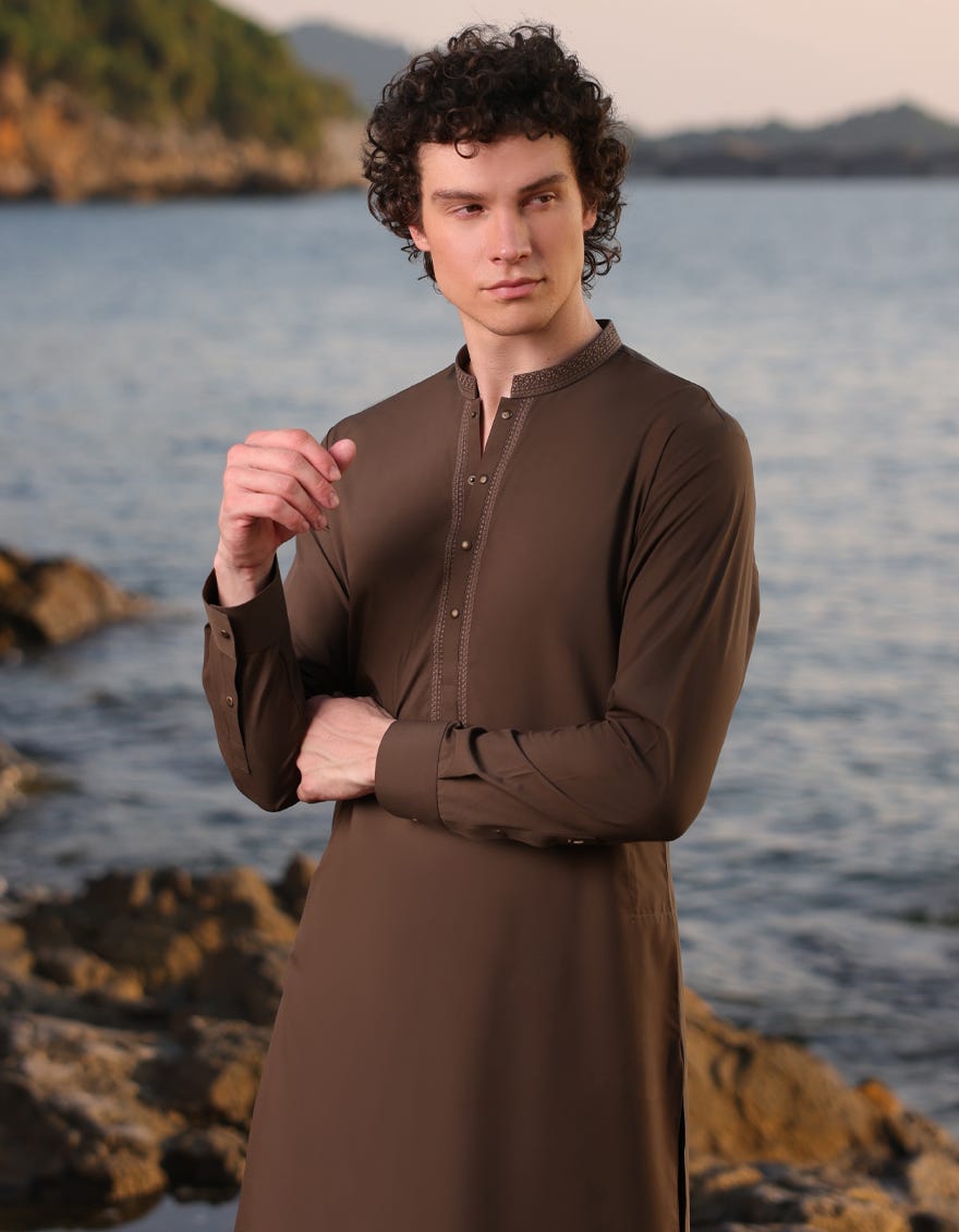 Brown Embroidered Blended Kurta Pyjama