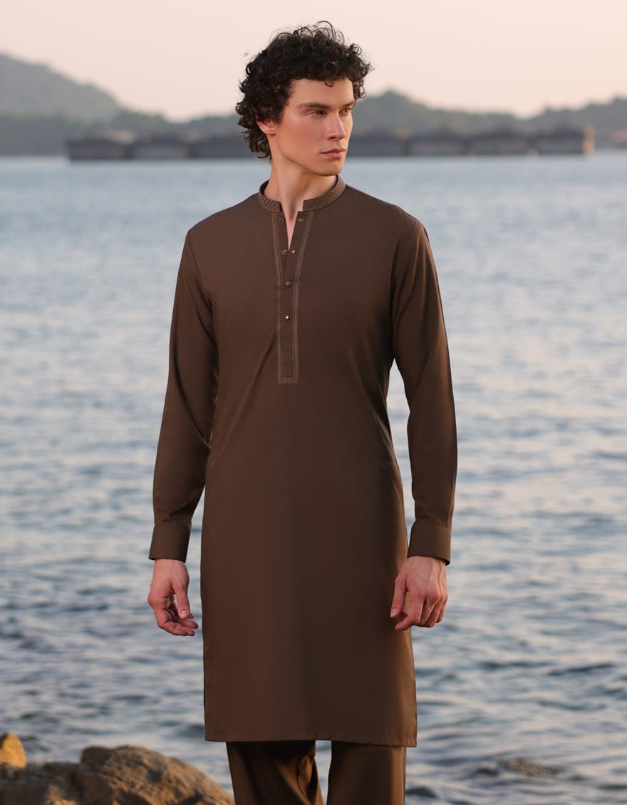 Brown Embroidered Blended Kurta Pyjama