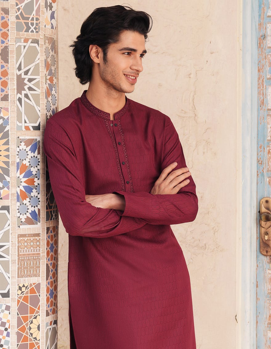 Maroon Embroidered Blended Kurta Pyjama