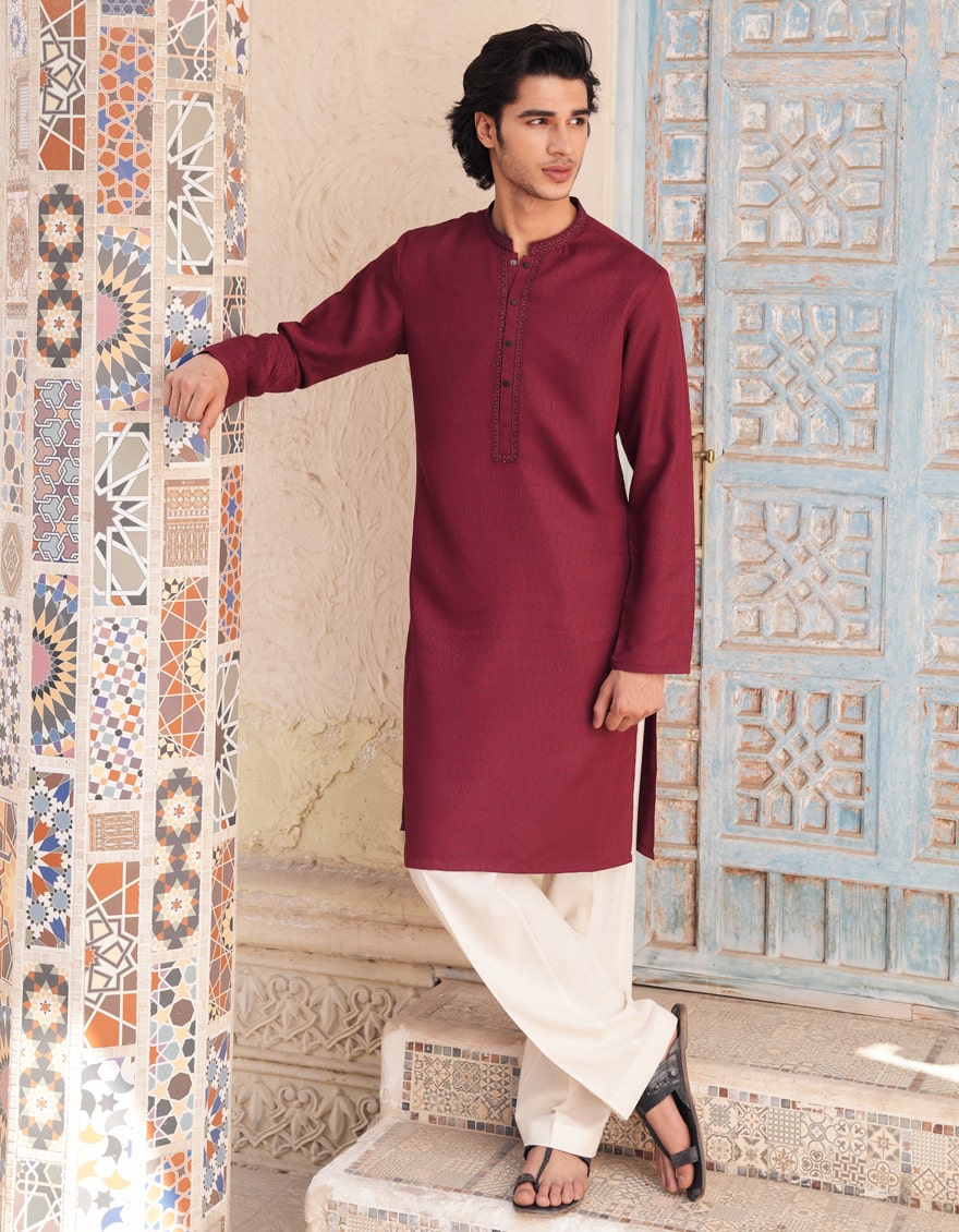 Maroon Embroidered Blended Kurta Pyjama