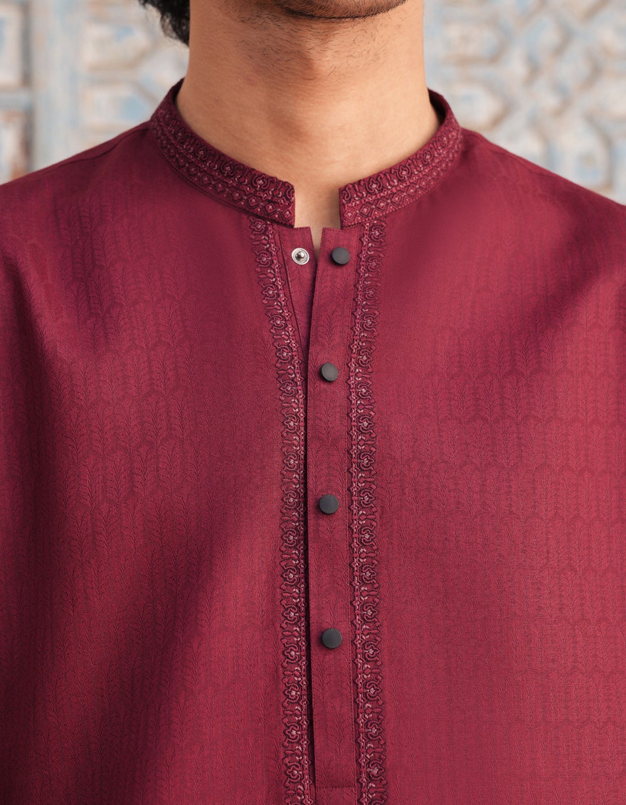 Maroon Embroidered Blended Kurta Pyjama