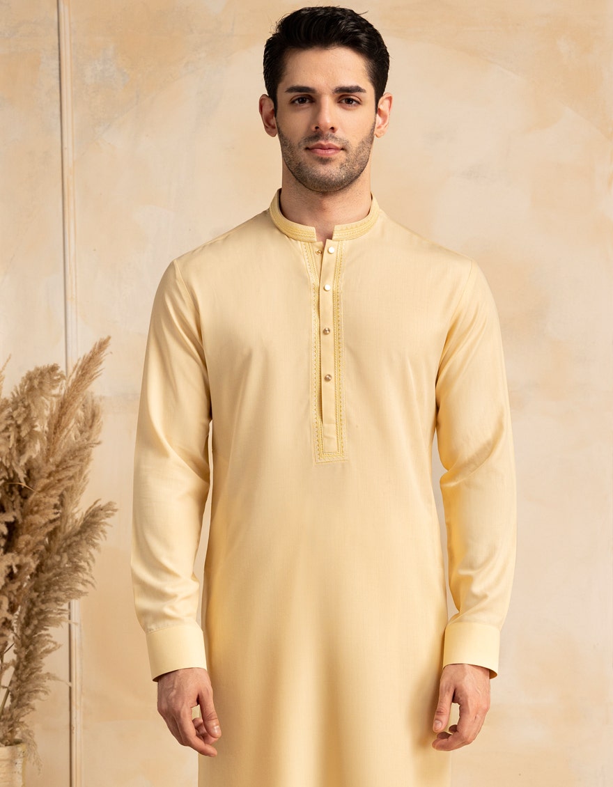 Cream Blended Embroidered Kurta Trouser