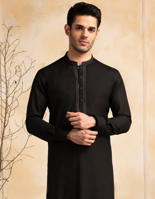 Black Embroidered Blended Kameez Shalwar