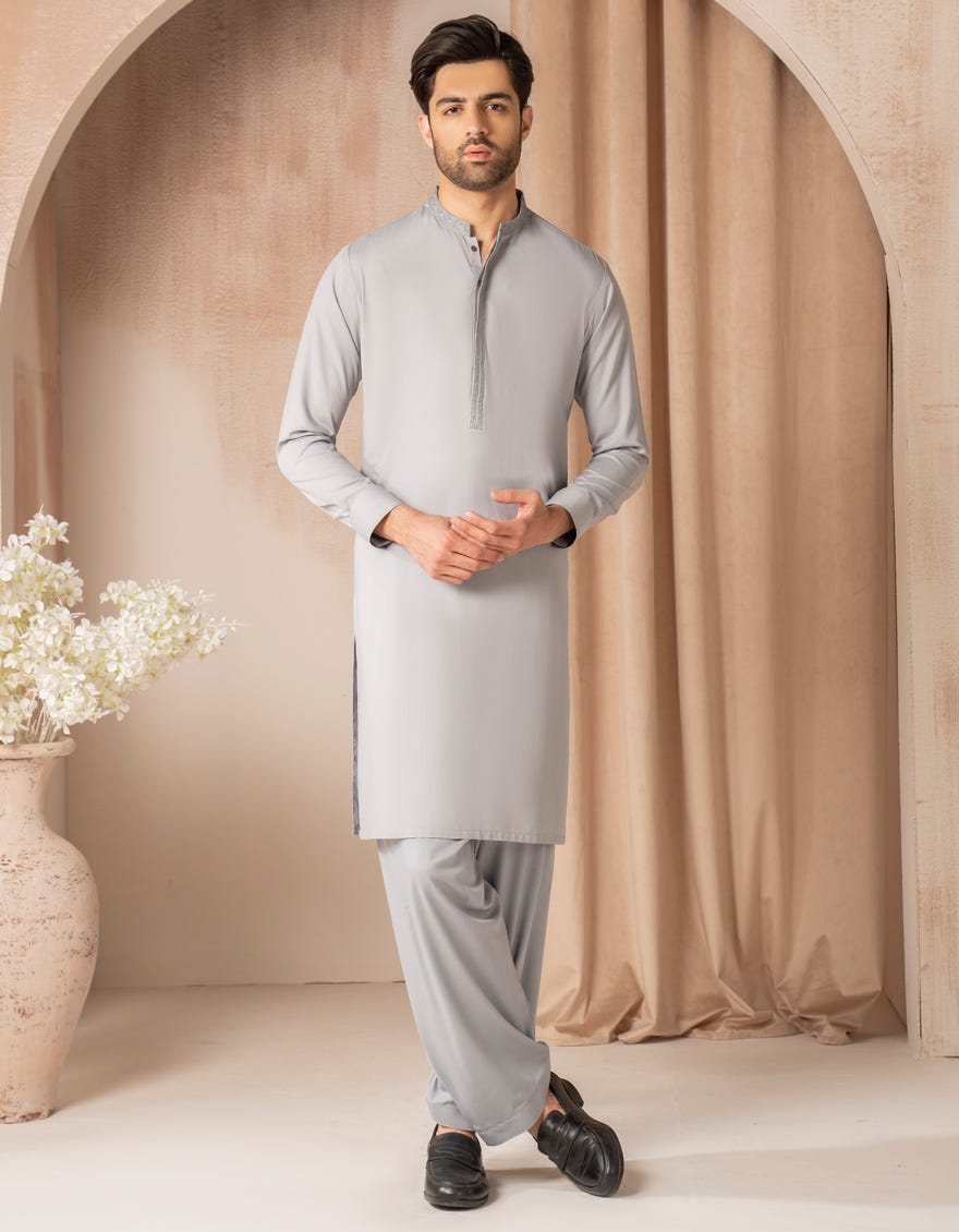 Grey Embroidered Blended Kameez Shalwar