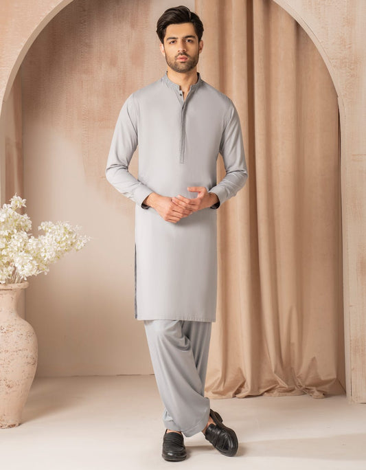 Grey Embroidered Blended Kameez Shalwar