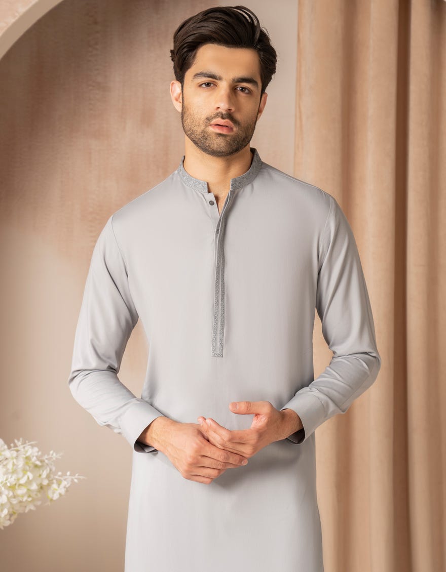 Grey Embroidered Blended Kameez Shalwar