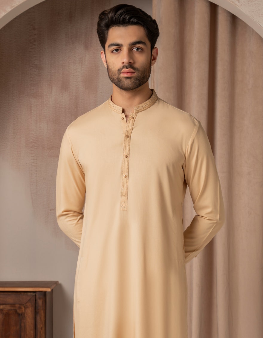 Peach Embroidered Blended Kurta Trouser