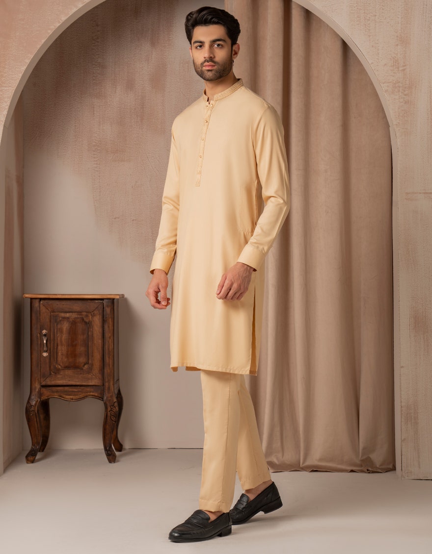 Peach Embroidered Blended Kurta Trouser