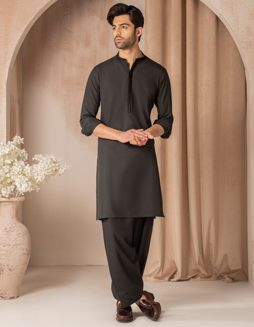 Black Embroidered Blended Kameez Shalwar