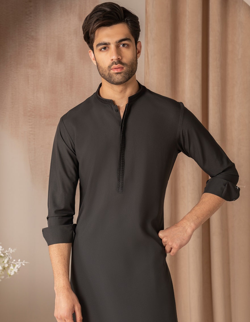 Black Embroidered Blended Kameez Shalwar