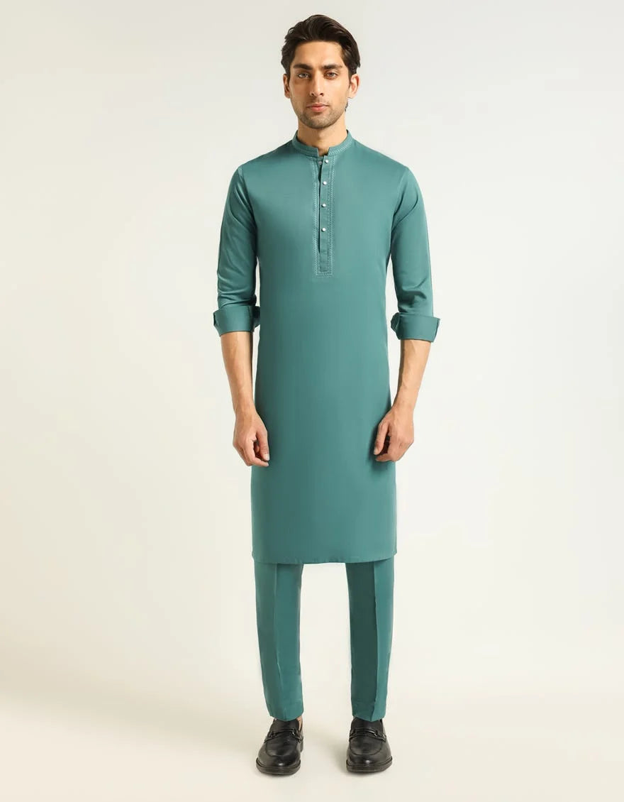 Green Premium Blended Embroidered Kurta Trouser