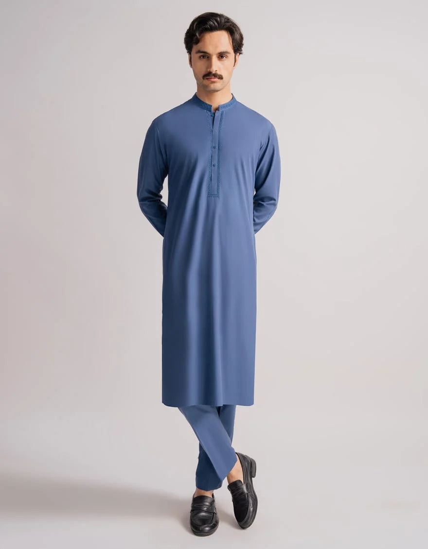 Blue Premium Blended Embroidered Kurta Trouser