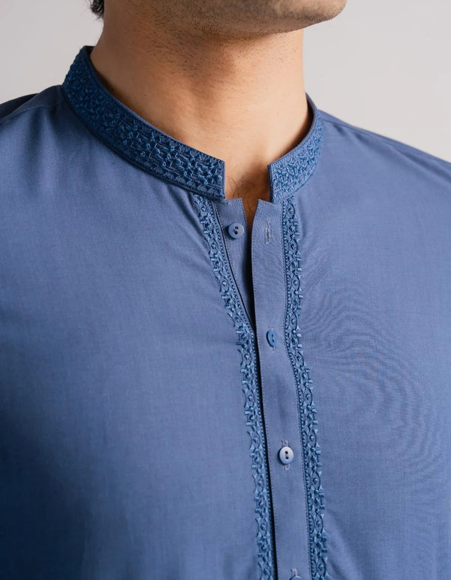 Blue Premium Blended Embroidered Kurta Trouser