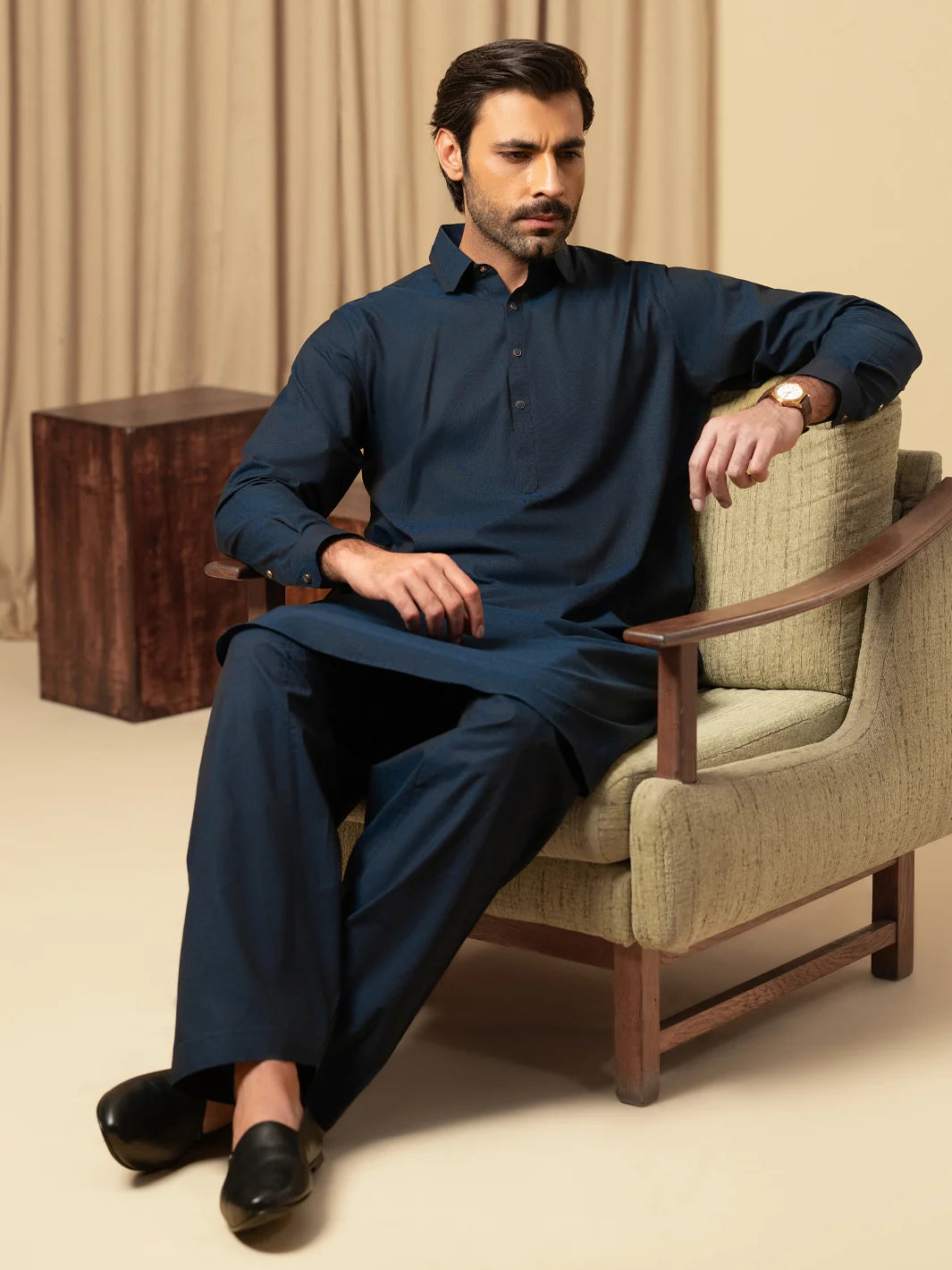 Wasim Akram Dark Blue Luxury Fine Cotton Kameez Shalwar