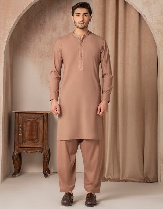 Light Brown Blended Embroidered Kameez Shalwar