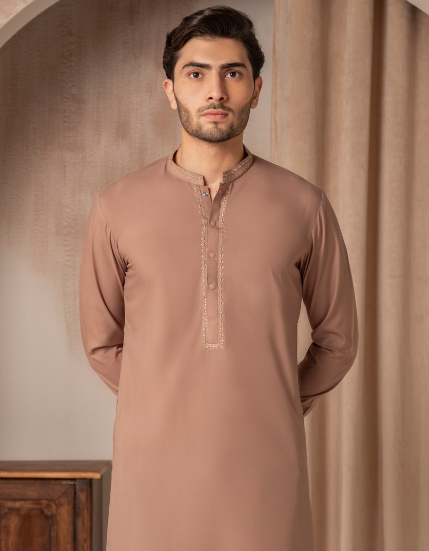 Light Brown Blended Embroidered Kameez Shalwar