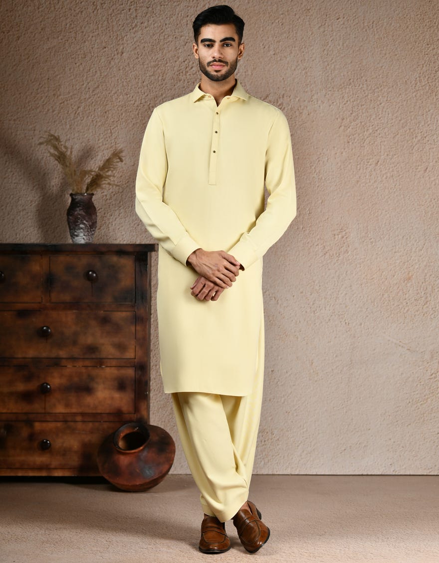 Pale Yellow Blended Kameez Shalwar
