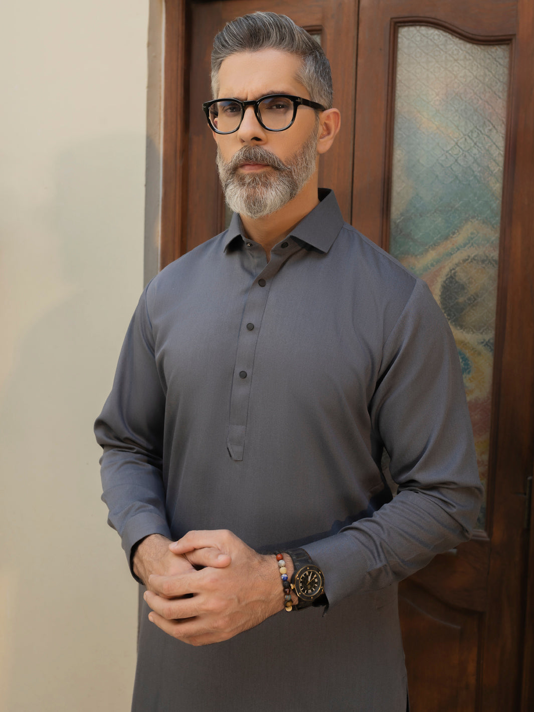 Wasim Akram Steel Grey Kameez Shalwar