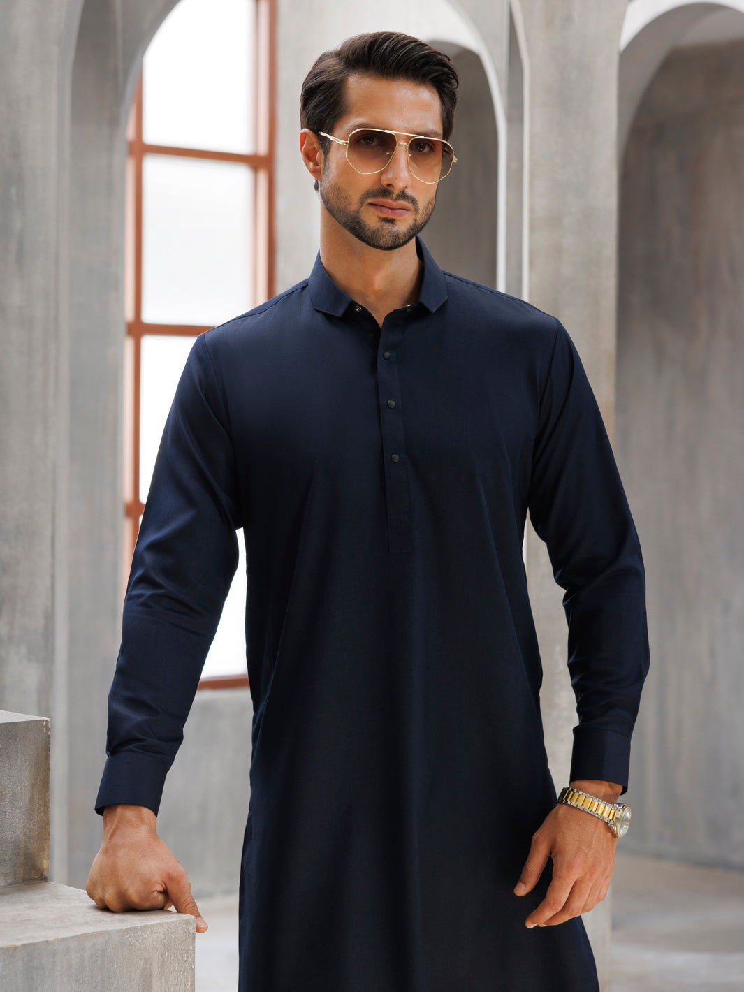 Wasim Akram Navy Blue Kameez Shalwar