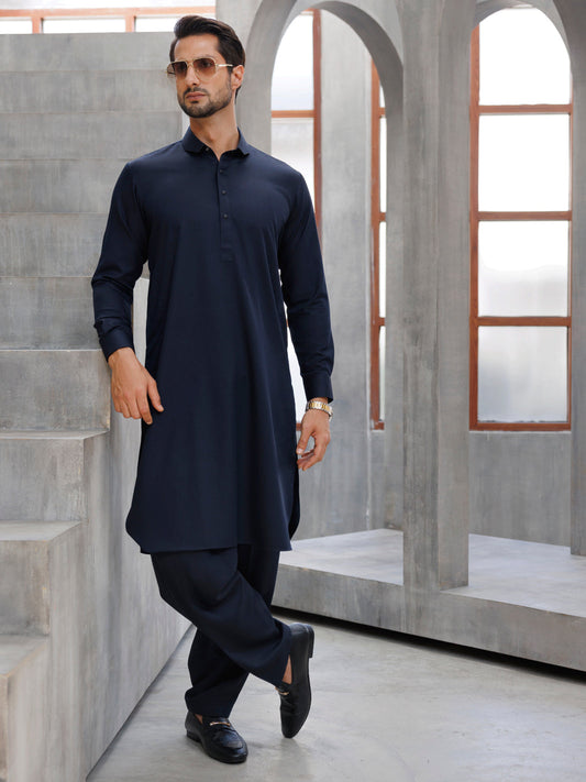 Wasim Akram Navy Blue Kameez Shalwar