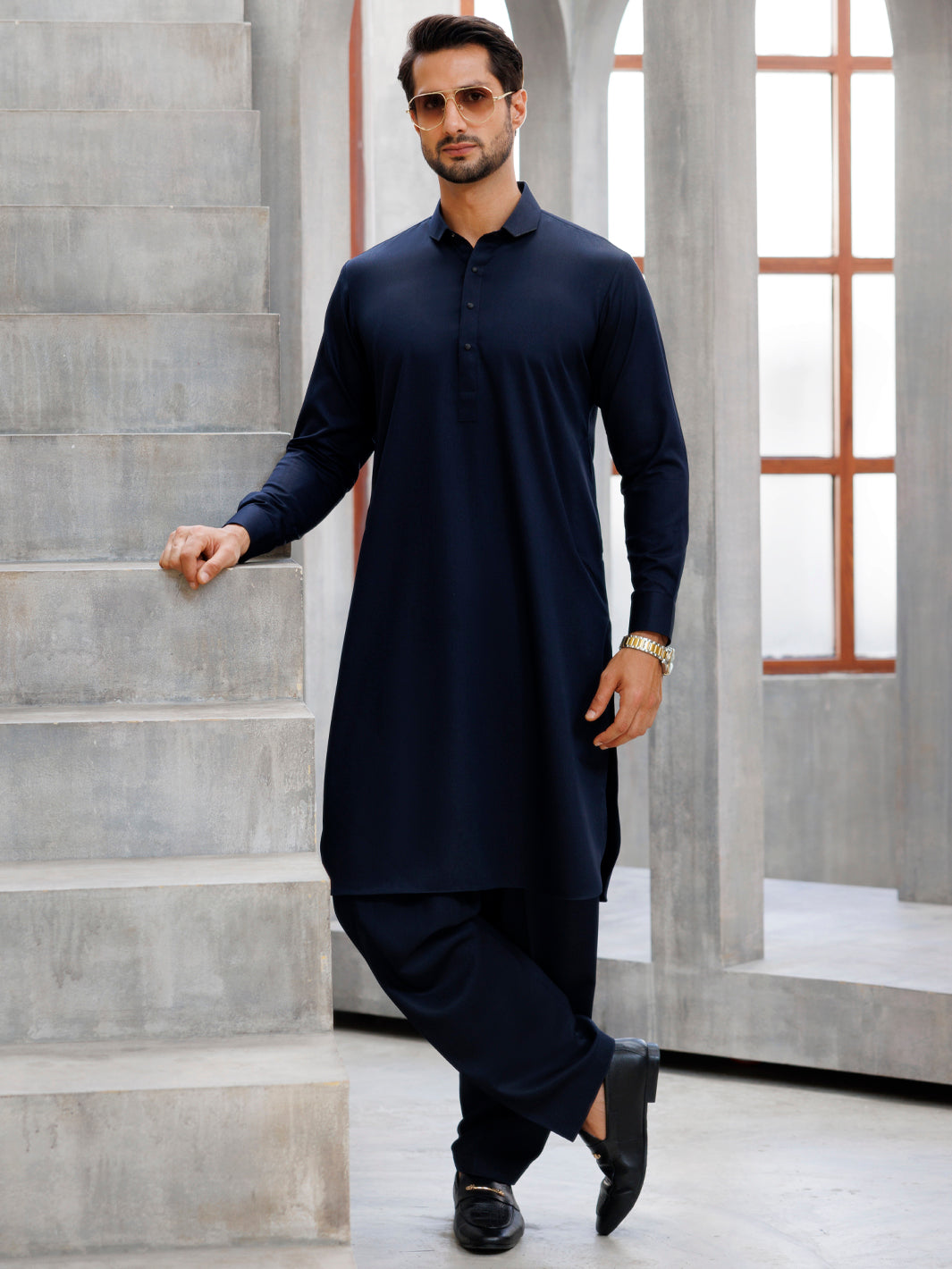 Wasim Akram Navy Blue Kameez Shalwar