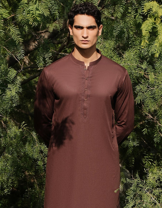Brown Embroidered Blended Kameez Shalwar