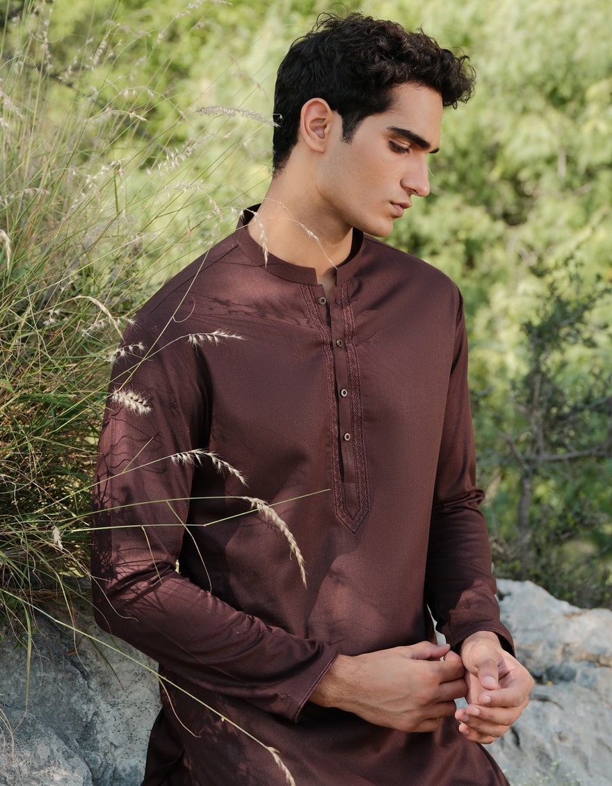 Brown Embroidered Blended Kameez Shalwar