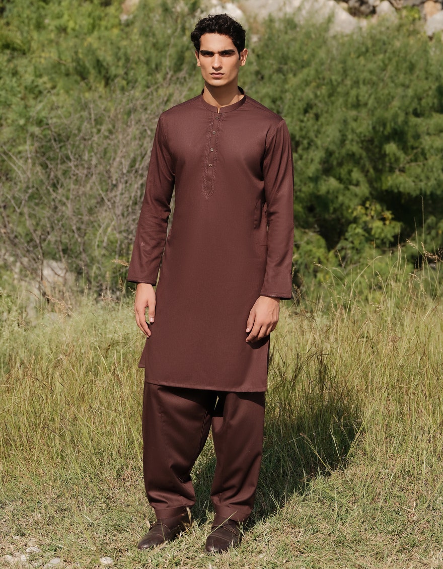 Brown Embroidered Blended Kameez Shalwar