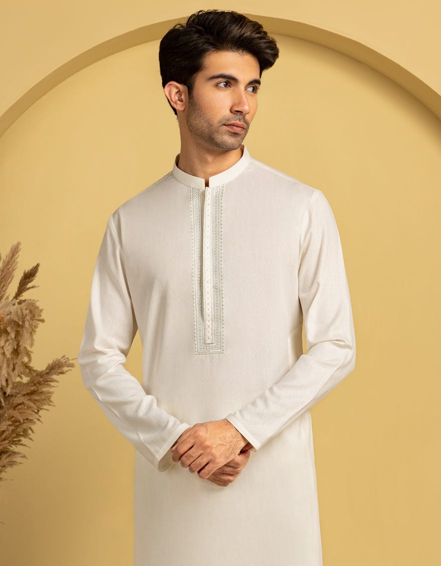Off White Embroidered Blended Kameez Shalwar