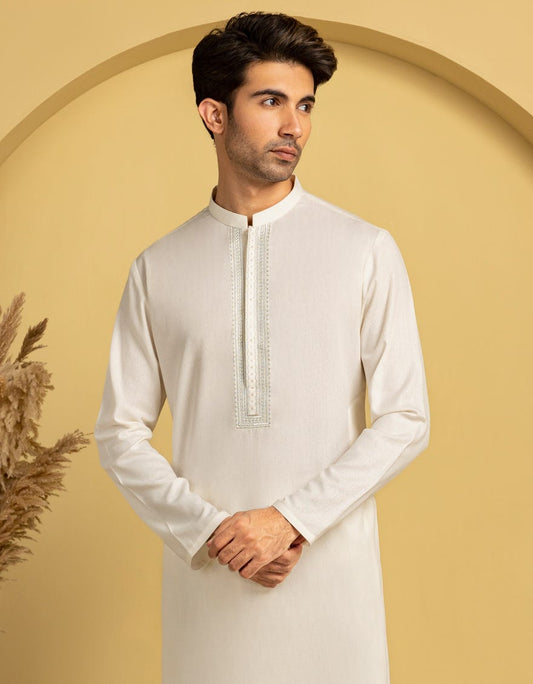 Off White Embroidered Blended Kameez Shalwar
