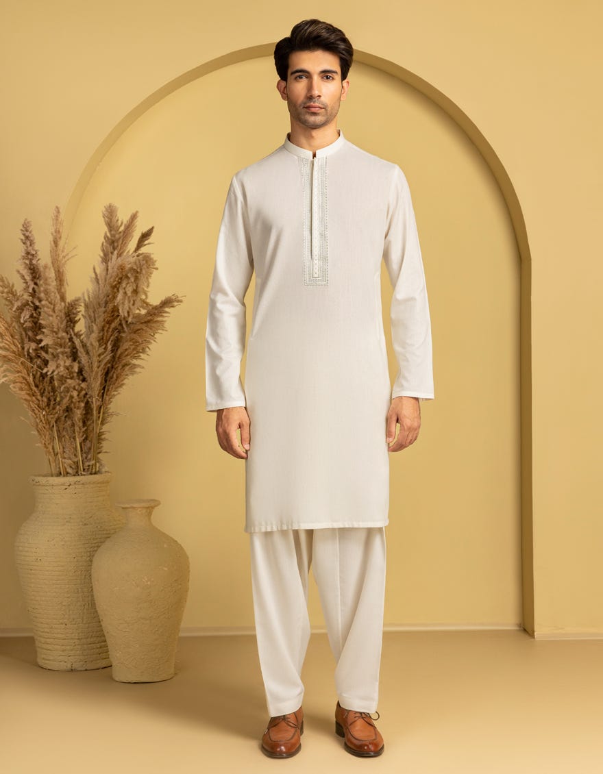 Off White Embroidered Blended Kameez Shalwar