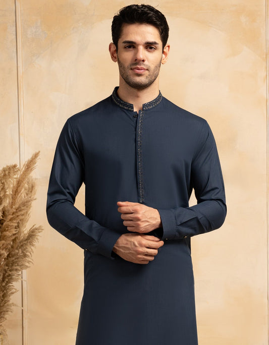 Deep Blue Embroidered Blended Kameez Shalwar