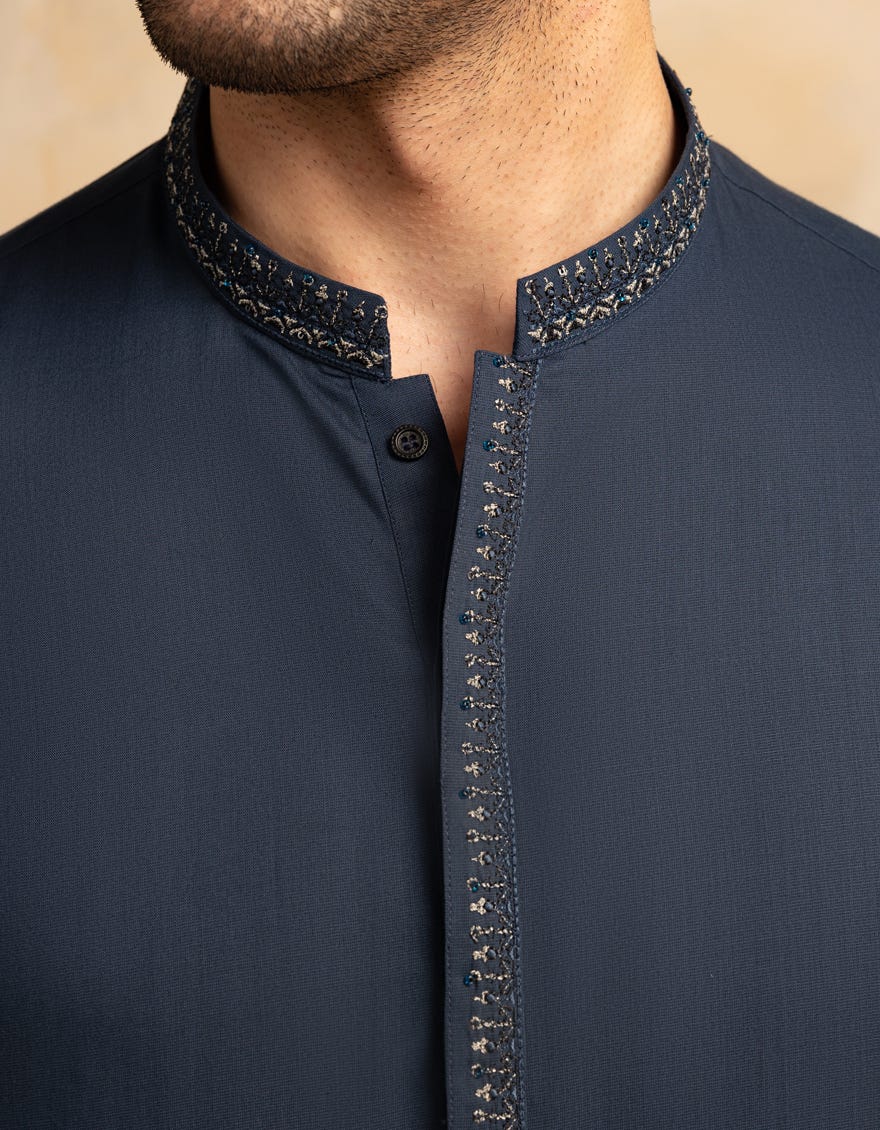 Deep Blue Embroidered Blended Kameez Shalwar
