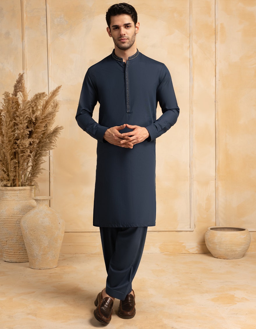 Deep Blue Embroidered Blended Kameez Shalwar